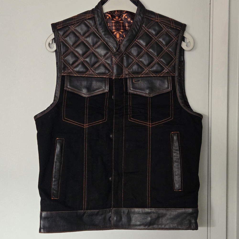 Motorbike Black Leather/Denim Bandana Liner Orange Thread Diamond Stitch VEST.